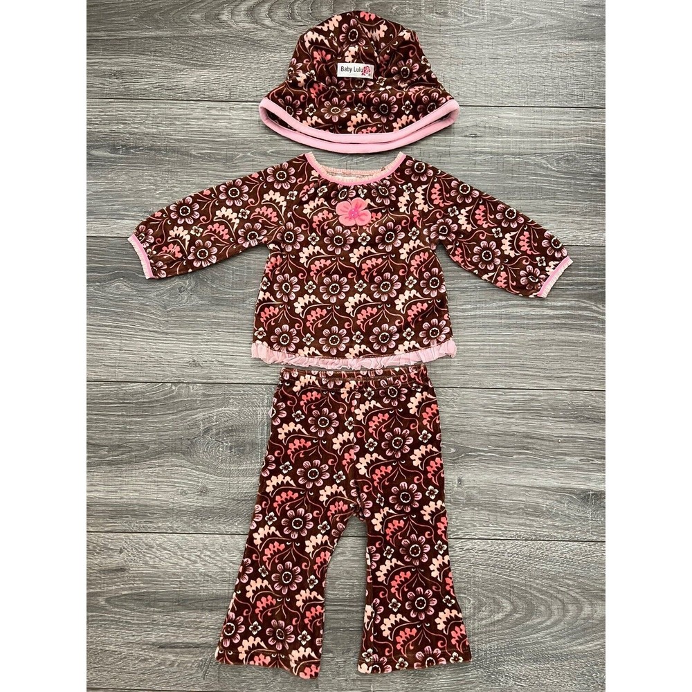 Baby Lulu Girls Velour Shirt Pant Hat Outfit sz 9M Pink Brown Floral Bucket Set